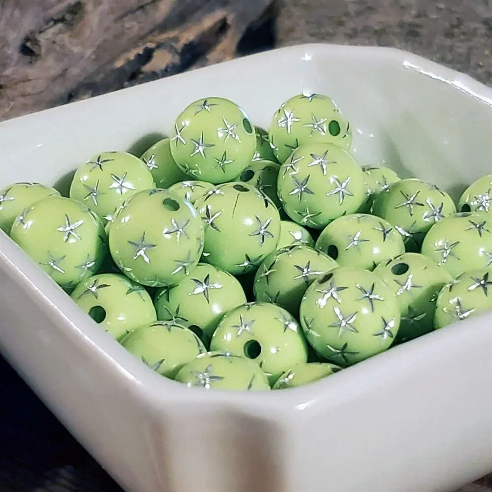 Vintage Retro Lime Green Silver Stars 12mm Round Acrylic Shabby Beads 10 pcs
